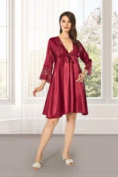 Kadın Saten Çeyiz Seti 6 Parça Dantelli Sabahlık Gecelik Pijama Şortlu Takım thumbnail 2