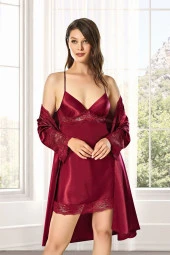 Kadın Saten Çeyiz Seti 6 Parça Dantelli Sabahlık Gecelik Pijama Şortlu Takım thumbnail 3