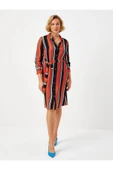 Faik Sönmez Midi Gömlek Elbise - Çizgili Desen - Minimalist Stil - 4