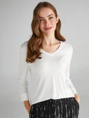 Faik Sönmez Minimalist V Yaka 3/4 Kol Kadın T-Shirt - Günlük Şıklık - 11