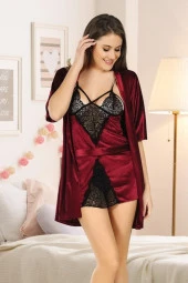 1392 Dantelli Kadife Bordo Gecelik Sabahlık Takım Bordo Renk L Beden thumbnail 2