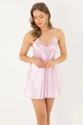 Ince Askılı Güpürlü Mini Saten Gecelik thumbnail 1