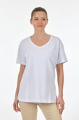 Seçil Kadın Oversize V Yaka Kısa Kol Minimalist T-Shirt - Günlük Kullanım - 4