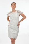 Ekol Dantelli Midi Elbise - Kısa Kol, Yuvarlak Yaka, Minimalist thumbnail 3