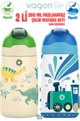 Vagonlife 2'Lİ SET 350 ML Çocuk Pipetli Çelik Matara Paslanmaz Çelik Termos 5 Farklı Renk 2055-350ML - 1