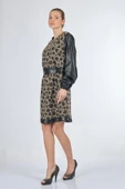 Unique Mode Leopar Desenli Midi Elbise - Deri Detaylı Uzun Kol thumbnail 3