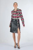 Unique Mode Minimalist Midi Günlük Elbise - Ekose Gömlek & Deri Etek thumbnail 1