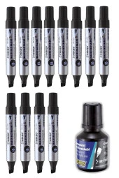 Siyah 10 mm Kesik Uçlu Markör Permanent Kalem 12 Adet ve Siyah Mürekkep 1 Adet Çuval Koli Kalemi - 1
