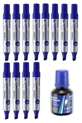 Mavi 10 mm Kesik Uçlu Markör Permanent Kalem 12 Adet ve Mavi Mürekkep 1 Adet Çuval Koli Kalemi - 1