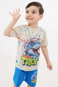 Mavi T-rex Baskılı Yazılı Erkek Çocuk Şortlu Takım 18711 - 1