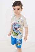 Mavi T-rex Baskılı Yazılı Erkek Çocuk Şortlu Takım 18711 - 3