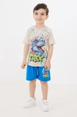 Mavi T-rex Baskılı Yazılı Erkek Çocuk Şortlu Takım 18711 - 2
