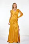 DORİDORCA Kruvaze Yaka Uzun Kollu Saten Yırtmaçlı Kadın Abiye 211KB3082 thumbnail 7