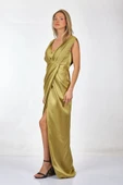 Tıah V Yaka Pileli Maxi Saten Abiye Elbise - Özel Günler İçin - 6