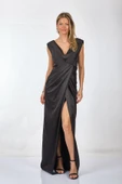 Tıah V Yaka Pileli Maxi Saten Abiye Elbise - Özel Günler İçin - 10