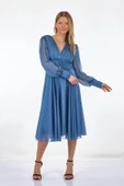 DORİDORCA V yaka Uzun Kollu Drapeli Midi Boy Kadın Abiye 211KB3081 thumbnail 6