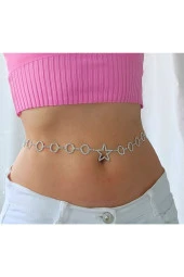 Kristal Taşlı Gümüş Renk Yıldız Halka Figürlü Vücut Kolyesi - Aksesuar - Bel - Zincir - Tasarım thumbnail 1