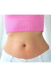 Kristal Taşlı Gümüş Renk Tekli Halka Figürlü Vücut Kolyesi - Aksesuarı - Bel - Zincir - Tasarım thumbnail 1