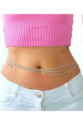 Kristal Taşlı Gümüş Renk Yıldız Figürlü 3'lü Vücut Kolyesi - Aksesuar - Bel - Zincir Tasarım thumbnail 1