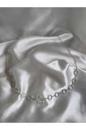 Kristal Taşlı Gümüş Renk Yıldız Halka Figürlü Vücut Kolyesi - Aksesuar - Bel - Zincir - Tasarım thumbnail 2