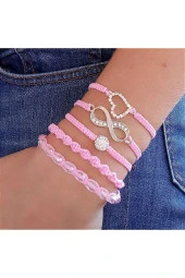Pembe Sonsuzluk - Kalp- Kristal Makrome Ip Bileklik Takımı Set - 1