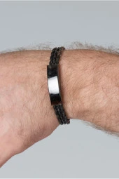Erkek Siyah Plaka Kaplama Kalın Örgü Deri Bujiteri Bileklik thumbnail 1