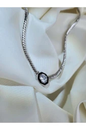 Italyan Model Zincirli Zirkon Taşlı Çelik Kolye Gümüş Rengi thumbnail 2