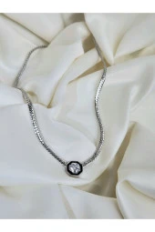 Italyan Model Zincirli Zirkon Taşlı Çelik Kolye Gümüş Rengi thumbnail 3