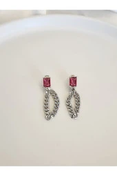 Kırmızı Dikdörtgen Taşlı Zincir Model Sallantılı Küpe thumbnail 2