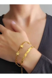 İkili Yıldız Gurmet Zincir Yıldız Figürlü Kelepçe Çelik Bileklik thumbnail 1