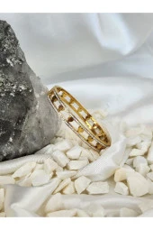 316 L Çelik Kalp Model Zirkon Taşlı Altın Kaplama Gold Renkli Kelepçe Bileklik - 1