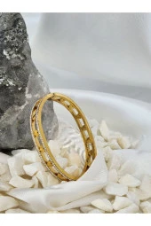 316 L Çelik Kalp Model Zirkon Taşlı Altın Kaplama Gold Renkli Kelepçe Bileklik - 2