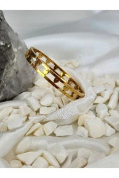 316 L Çelik Kalp Model Zirkon Taşlı Altın Kaplama Gold Renkli Kelepçe Bileklik - 4