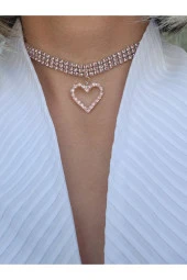 Kalp Uçlu 3 Sıralı Pembe Choker Kolye - 1