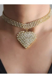 Kristal Taşlı 4 Sıra Model Kalp Figürlü Choker Tasma Gerdanlık Gümüş Renkli Rhinestone Kolye - 1