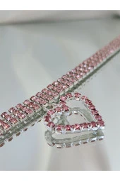 Kalp Uçlu 3 Sıralı Pembe Choker Kolye - 3