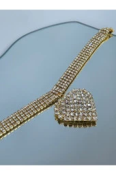 Kristal Taşlı 4 Sıra Model Kalp Figürlü Choker Tasma Gerdanlık Gümüş Renkli Rhinestone Kolye - 3