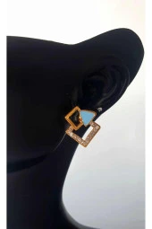 Altın Kaplama Gold Neon Mineli Turkuaz Kare Zirkon Taşlı Minimalist Küpe thumbnail 1