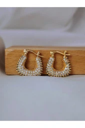 Arp Model Minimal Zirkon Taşlı Zarif Gold Renk Çelik Küpe thumbnail 2