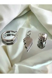 3'lü Halka Kalp Tombik Silver Gümüş Renk Çelik Küpe Seti thumbnail 1