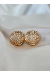 Midye İstiridye Figürlü Altın Kaplama Gold Renk Çelik Küpe thumbnail 3