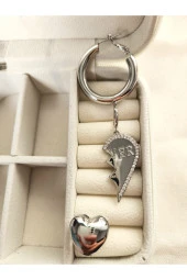 3'lü Halka Kalp Tombik Silver Gümüş Renk Çelik Küpe Seti thumbnail 2