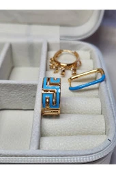 3'lü Mineli Mavi Halka Shakira Dikdörtgen Çelik Gold Küpe Seti - 1