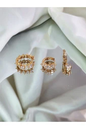 3'lü Zirkon Damla Taşlı Halka Altın Kaplama Gold Renk Çelik Küpe Seti thumbnail 3