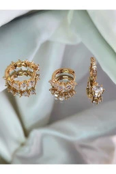 3'lü Zirkon Damla Taşlı Halka Altın Kaplama Gold Renk Çelik Küpe Seti thumbnail 4