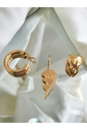 3'lü Halka Kalp Tombik Altın Kaplama Gold Renk Çelik Küpe Seti thumbnail 3