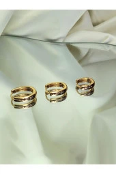 3'lü Klasik Zarif Oval Halka Model Altın Kaplama God Renk Küpe Seti thumbnail 4