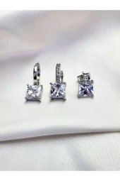 3'lü Klasik Zarif Baget Model Zirkon Silver Gümüş Renk Küpe Seti thumbnail 3