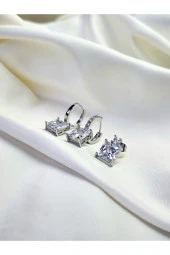 3'lü Klasik Zarif Baget Model Zirkon Silver Gümüş Renk Küpe Seti thumbnail 4