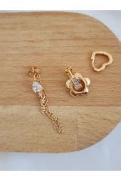 3'lü Yonca Çiçek Kalp Model Altın Kaplama Gold Renkli Çelik Küpe Seti - 3